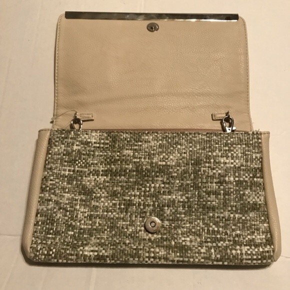 KELLY AND KATIE Tweed Clutch Handbag Chain Strap Green Tan Cream Snap Closure - Picture 2 of 6